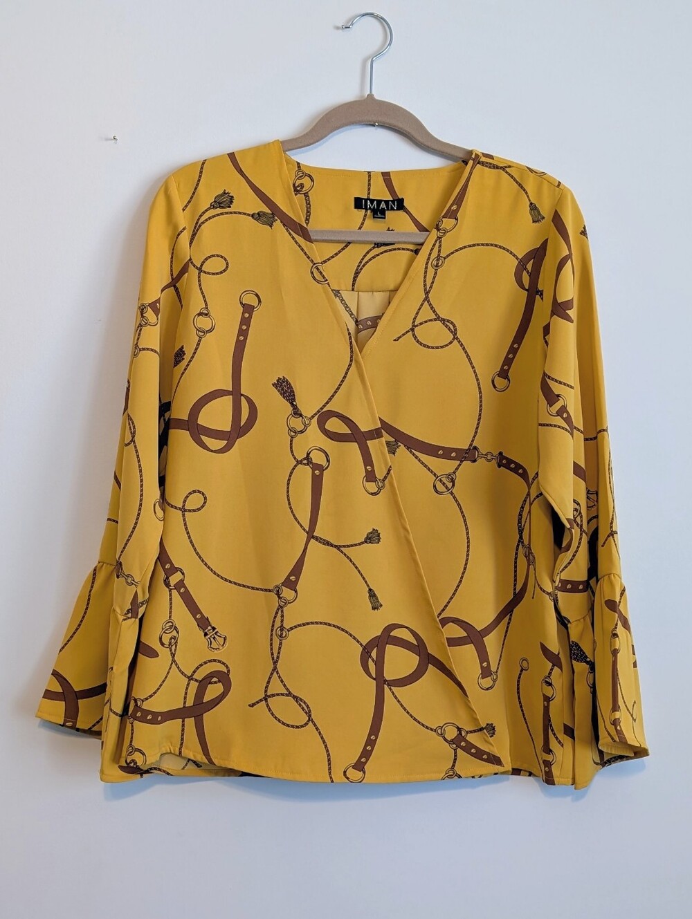 IMAN | Womens Bell Sleeve Wrap Top Size L Equestrian Belts & Ropes Yellow Print